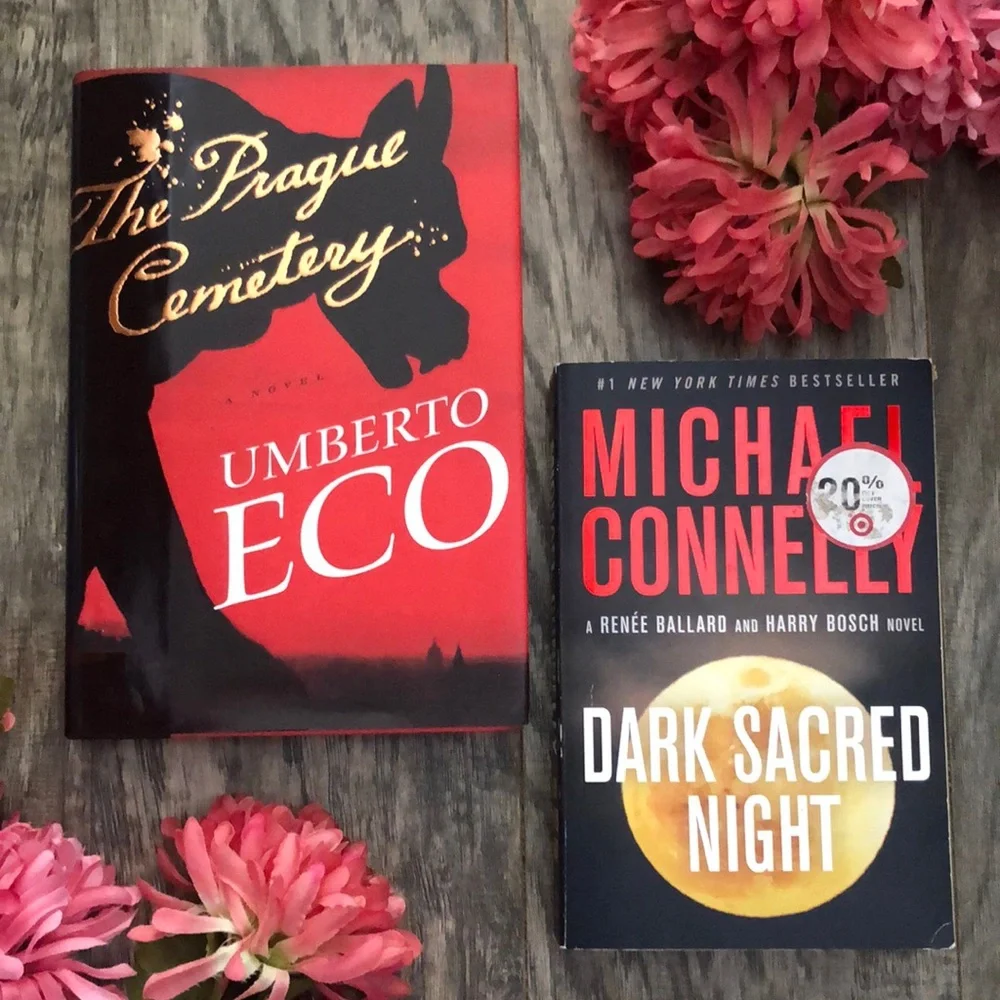 PRAGUE CEMETARY & DARK SACRED NIGHT hardcover & paperback fiction thrillers